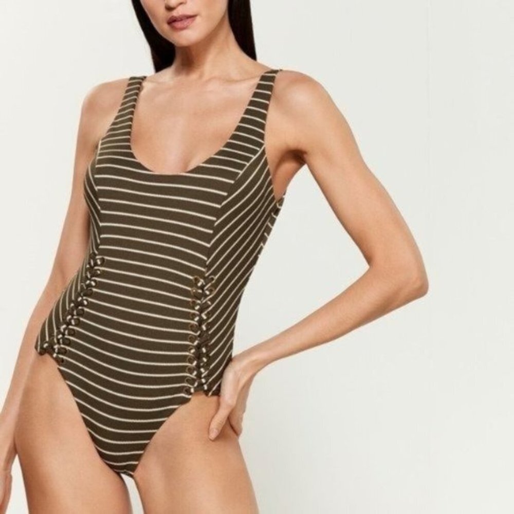 Olive Desert Stripe Lace Up One Piece Swimsuit Size XS